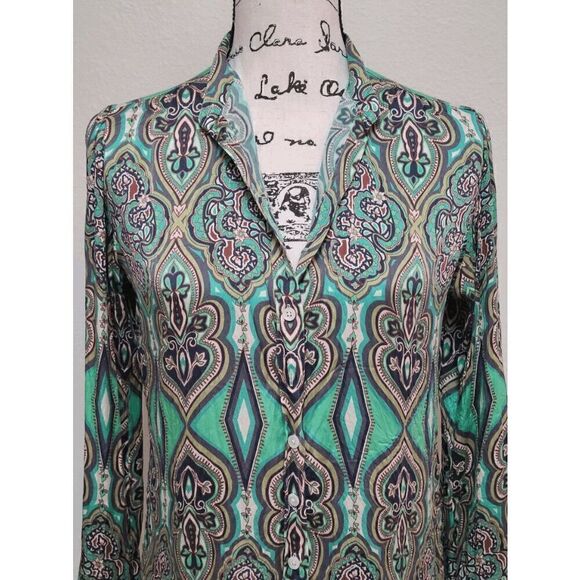 💚 CRAIG TAYLOR Women's Silk Button-down Paisley Print Green Shirt Blouse XS - Picture 12 of 16